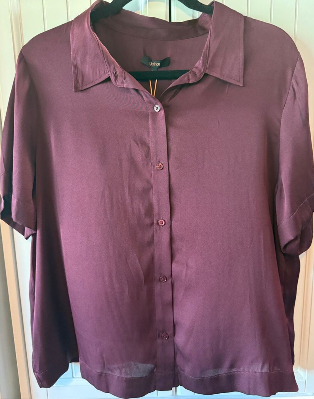 Quince Washable Stretch Silk Short Sleeve Notch Collar Blouse